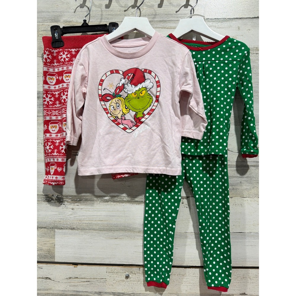 Holiday Bundle Girls 2T Pink Green Red Grinch Santa Just One You‎ Pajamas EUC